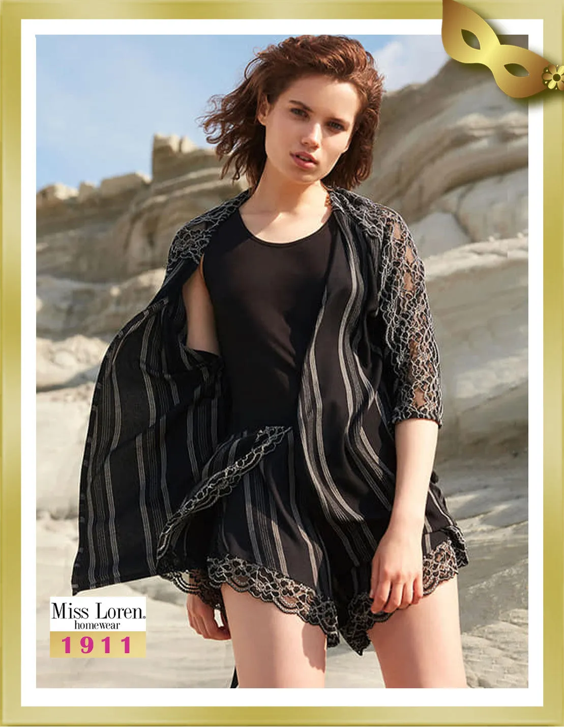 Short Lace Detailed Pajamas with Robe Set (3 Pcs) 1911