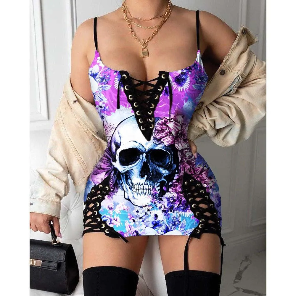 Skull Flower Pattern Gothic Eyelet Lace-up Letter Dress