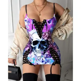 Skull Flower Pattern Gothic Eyelet Lace-up Letter Dress