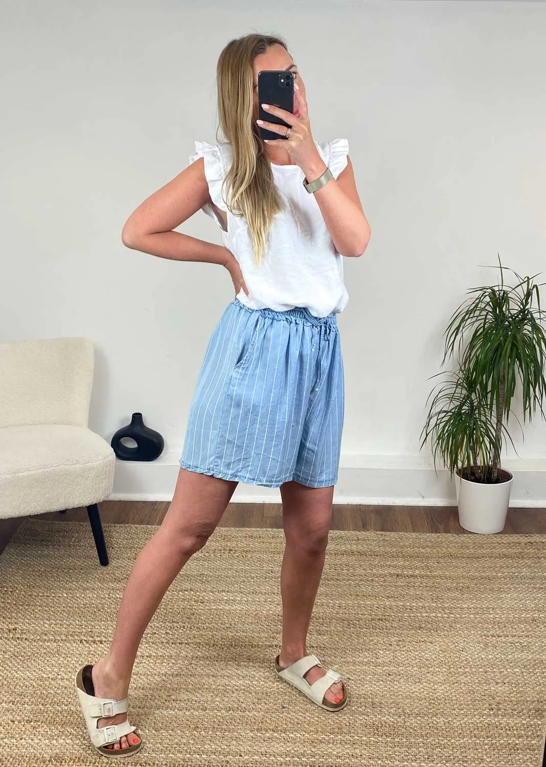 Sloane Chambray Denim Stripe Shorts in Light Indigo