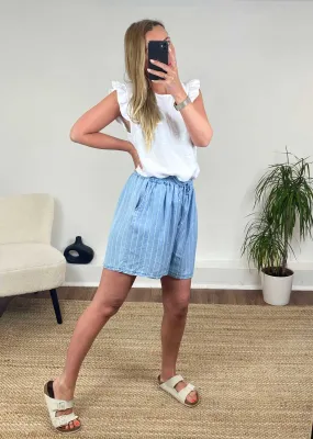Sloane Chambray Denim Stripe Shorts in Light Indigo