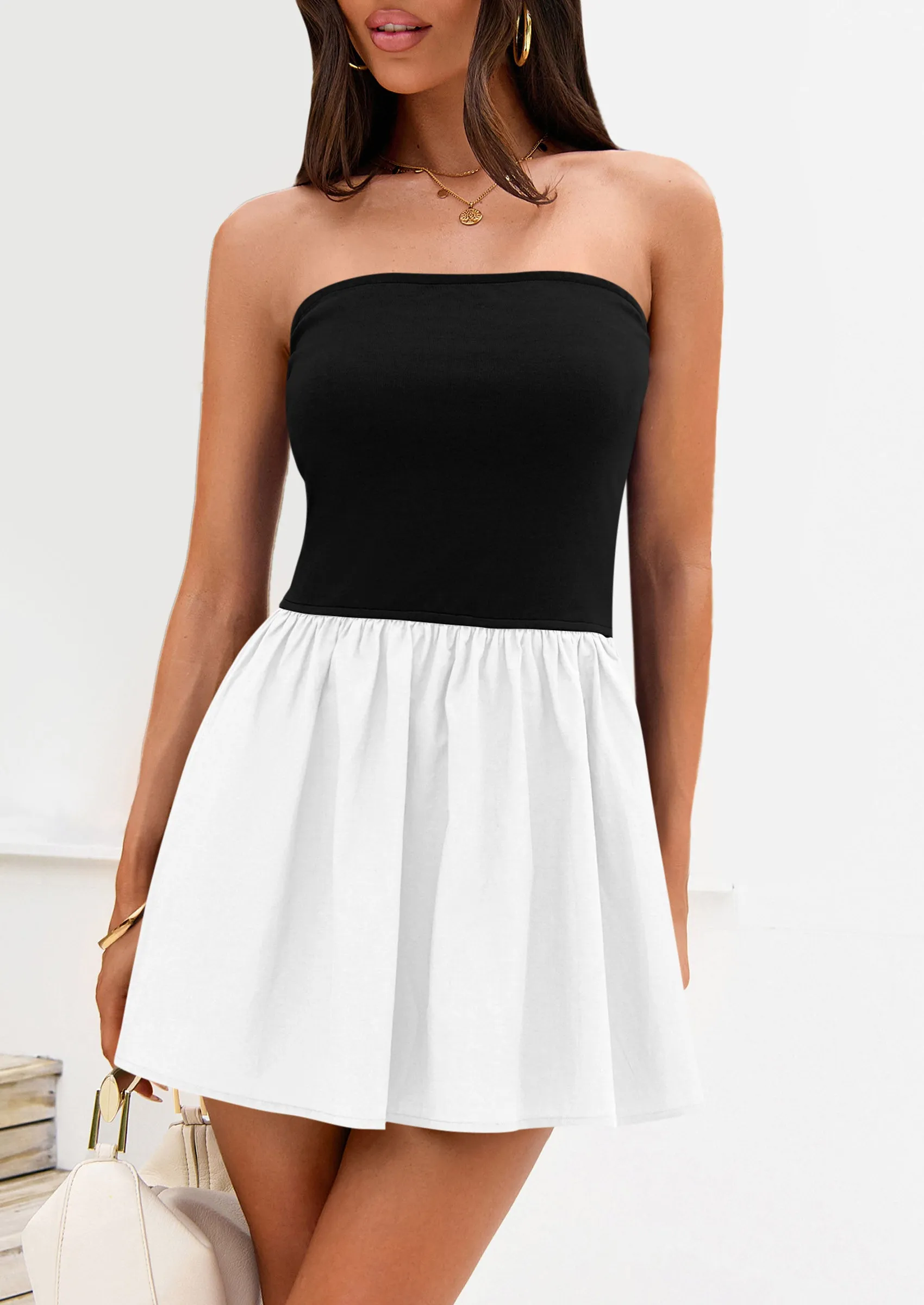 Strapless Casual Tube Top Ruffle A Line Patchwork Mini Dresses Mini Party Dresses