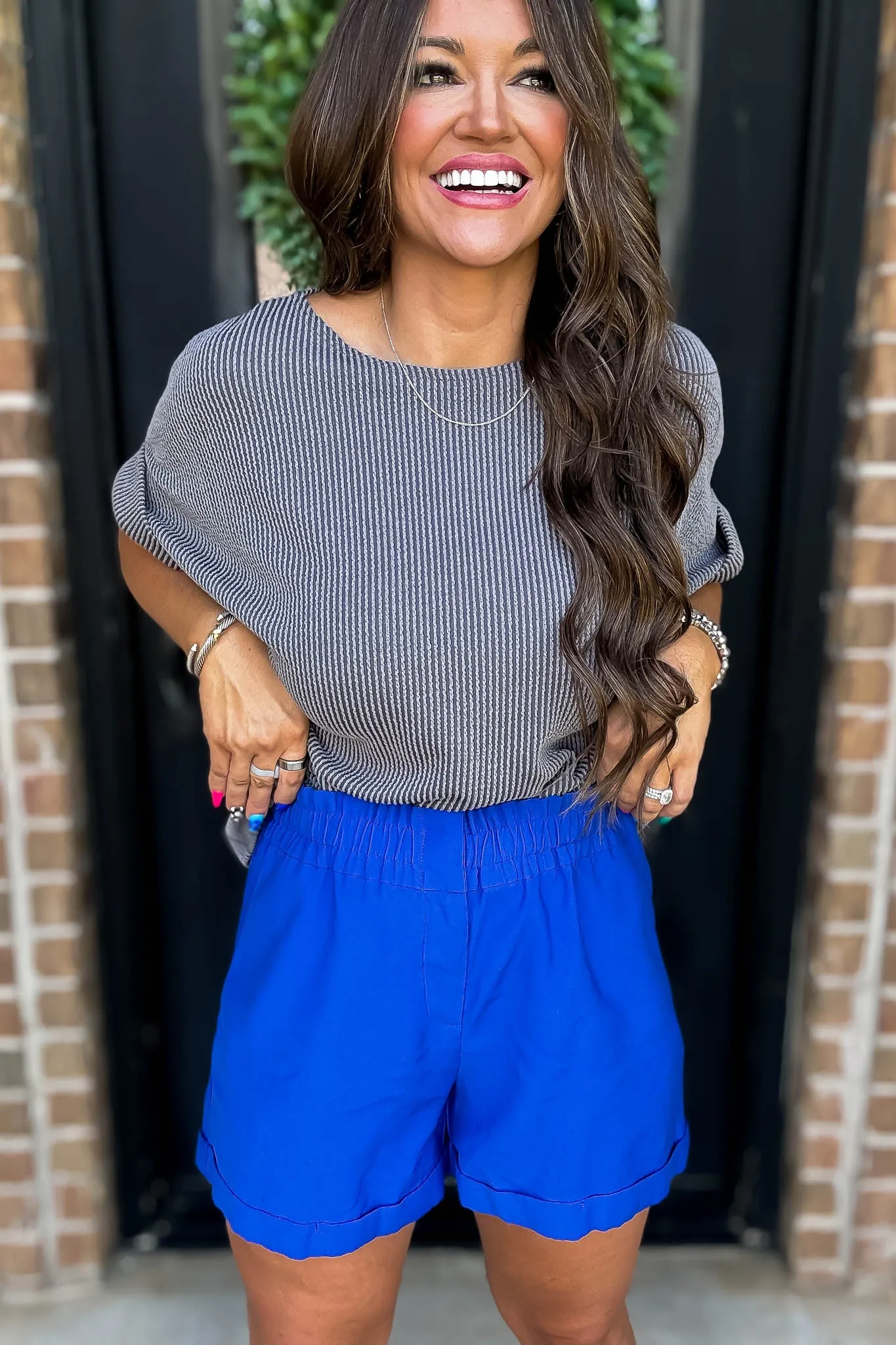 Suns Out Royal Blue Solid Cuffed Stretch-Band Shorts
