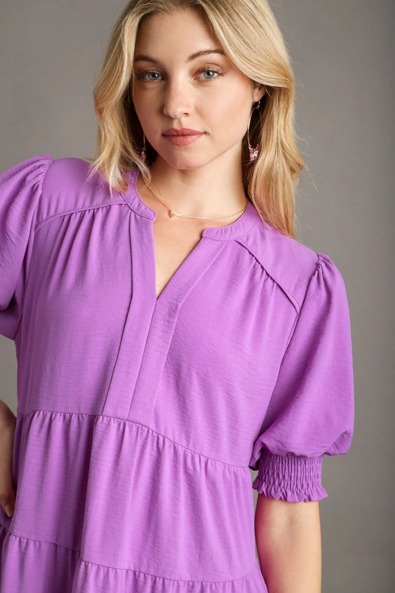 Umgee Solid Color A-Line Tiered Midi Dress with Piping Details in Orchid