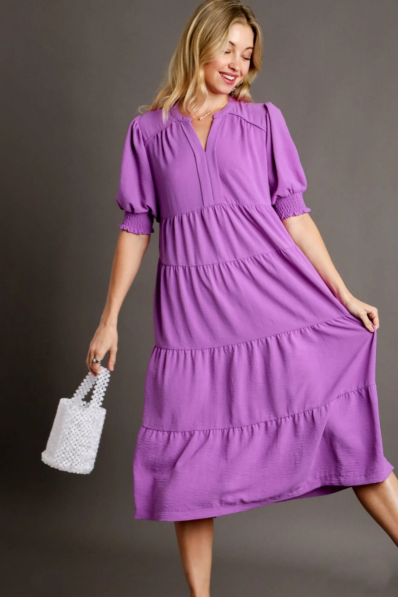Umgee Solid Color A-Line Tiered Midi Dress with Piping Details in Orchid