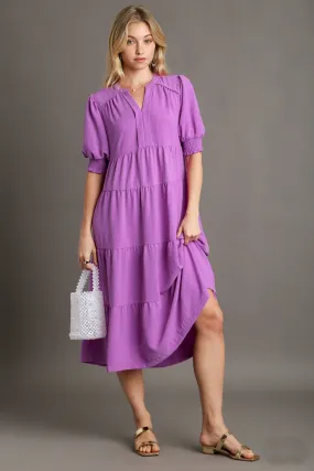 Umgee Solid Color A-Line Tiered Midi Dress with Piping Details in Orchid