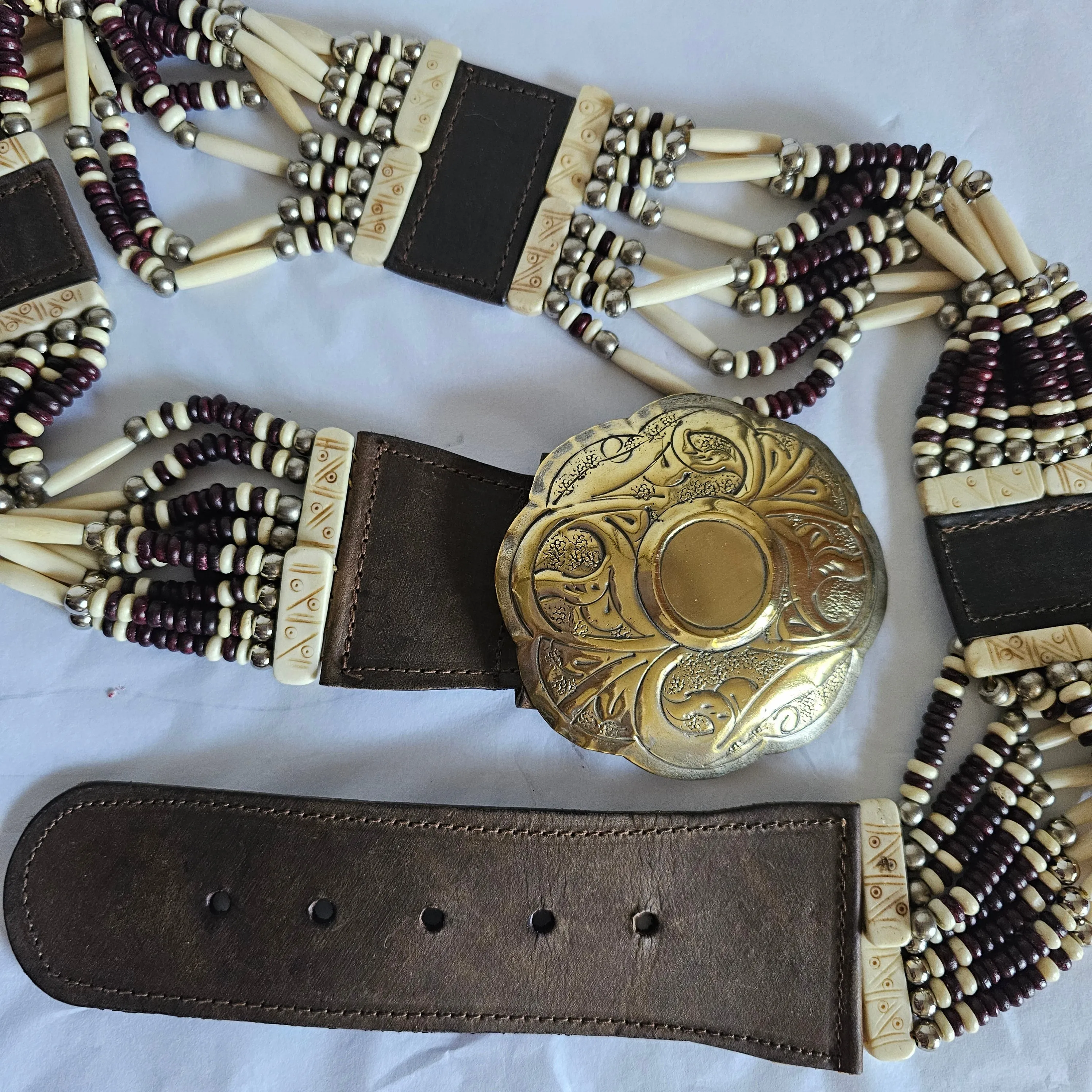Vintage Native american buffalo bone belt M/L gold buckle silver edges.