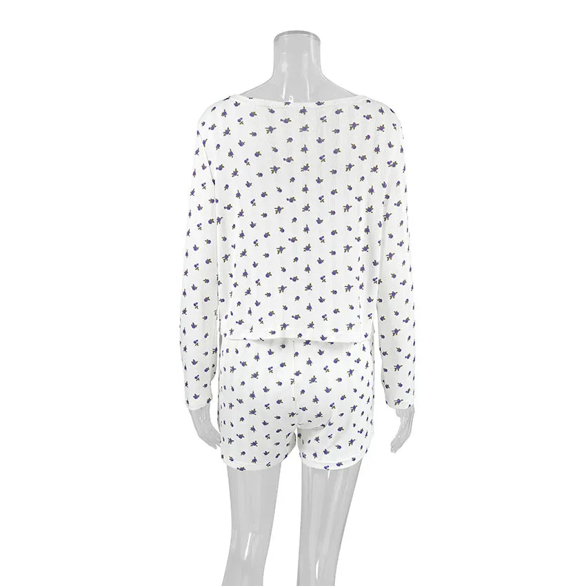 White Knitted Fabric Jacquard Printed Pajamas Two Piece Sets