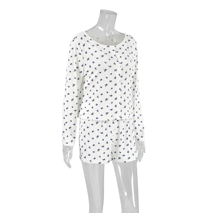 White Knitted Fabric Jacquard Printed Pajamas Two Piece Sets