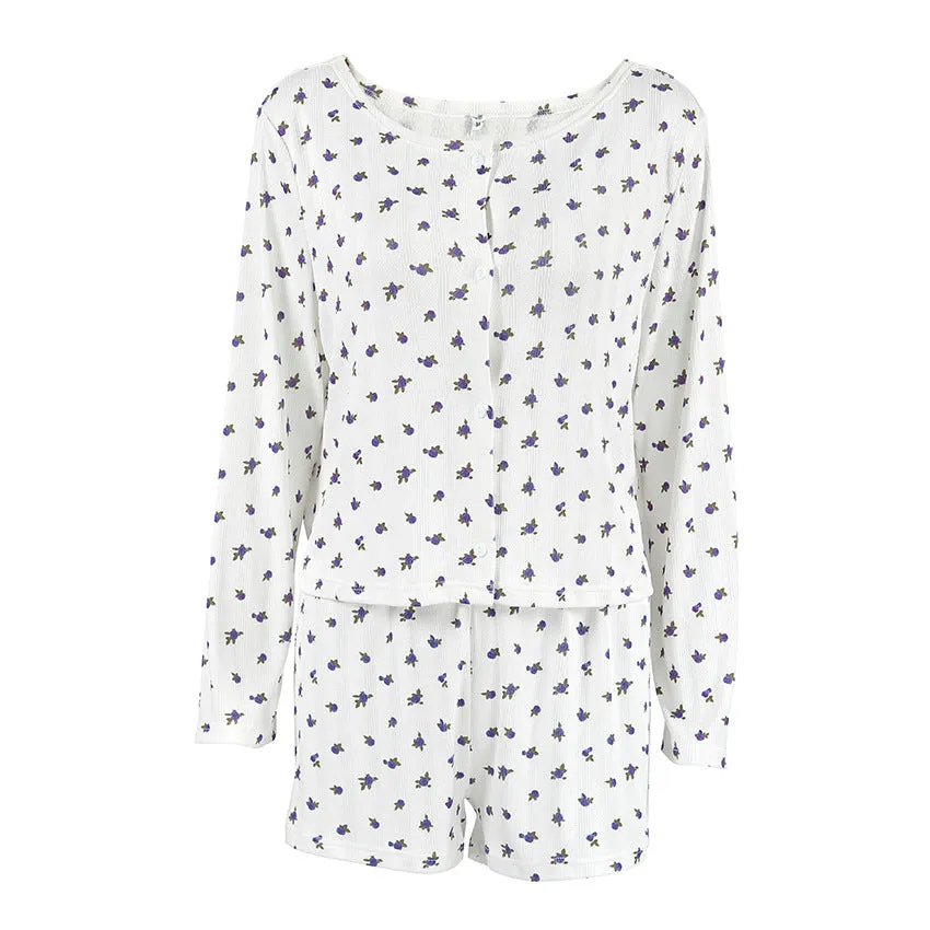 White Knitted Fabric Jacquard Printed Pajamas Two Piece Sets
