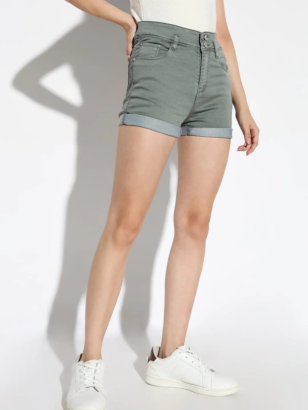 Women Solid Green Denim Shorts