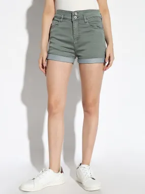 Women Solid Green Denim Shorts