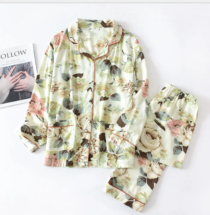 Women Viscose Simple Style Long-Sleeved Trousers Pajamas Suit