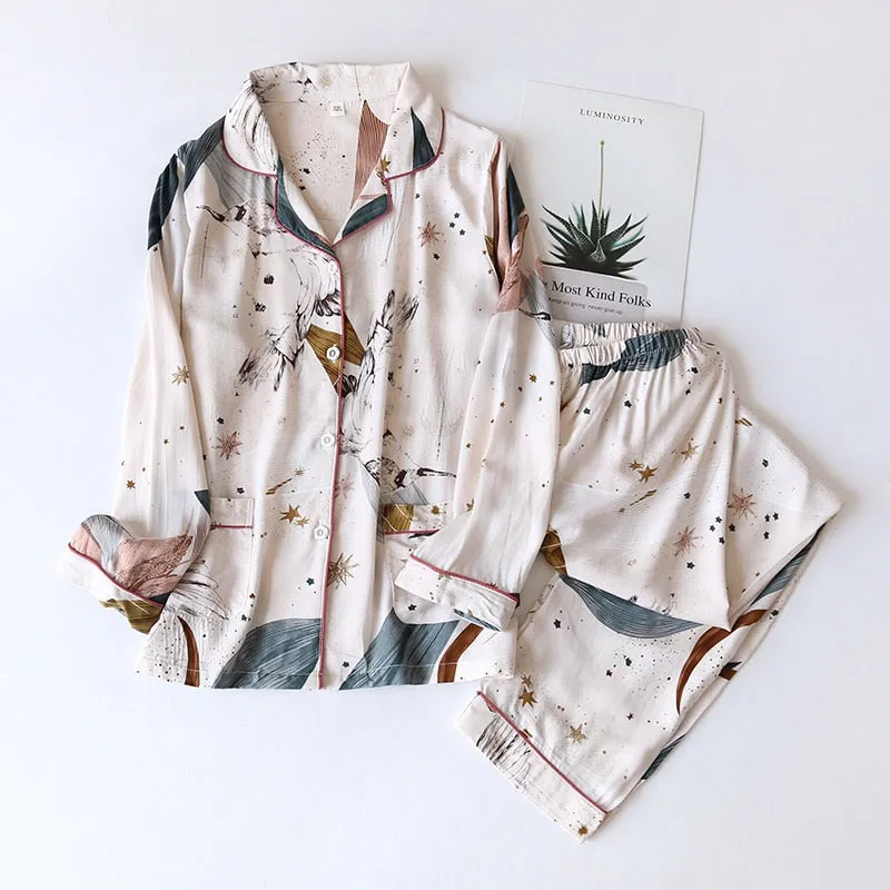 Women Viscose Simple Style Long-Sleeved Trousers Pajamas Suit