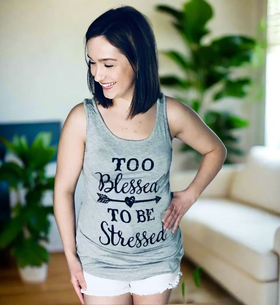 Womens Too Blessed To Be Stressed Graphic Tank Top, Sizes S/M/L, Gray